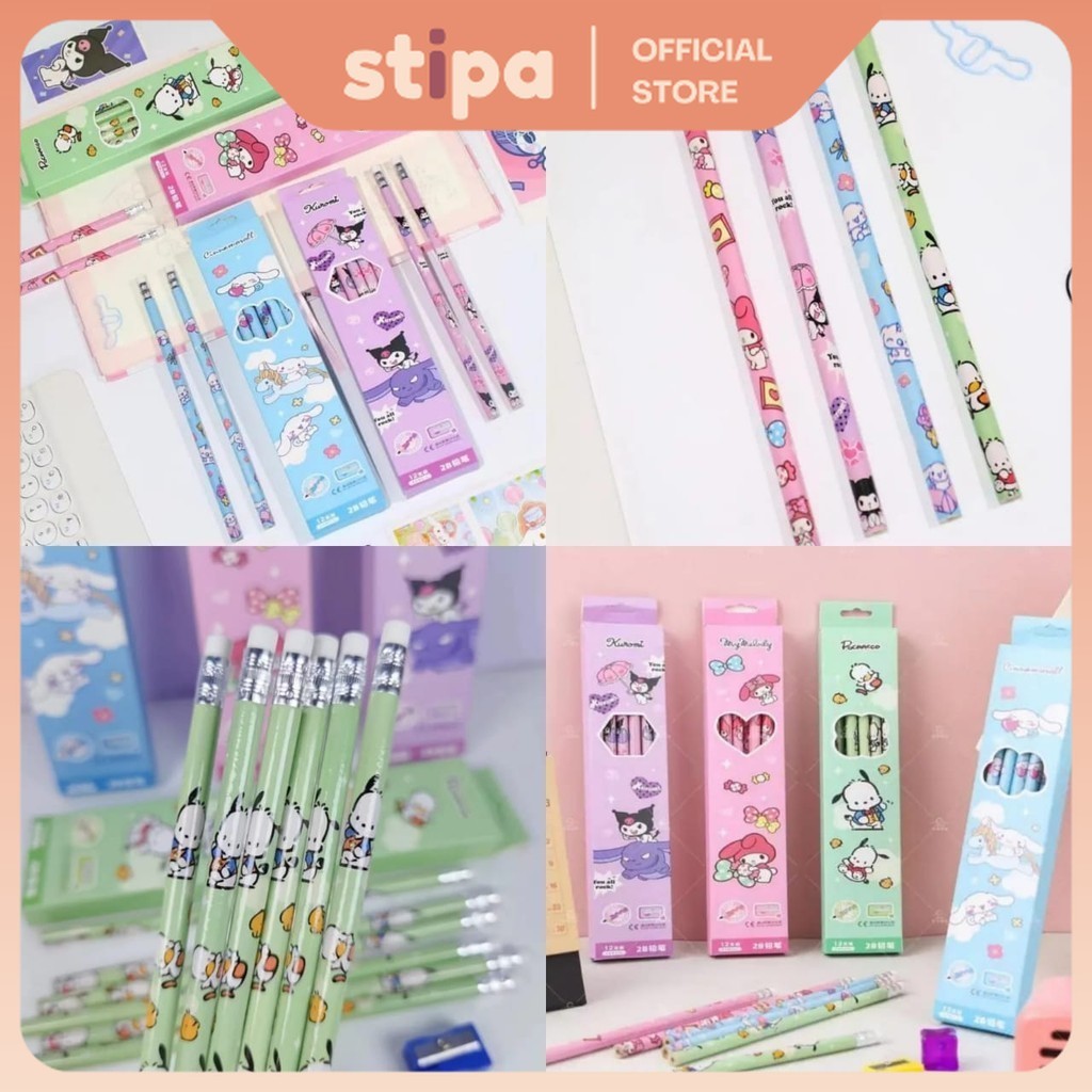 

STIPA Set Isi 12 Pcs Pensil Karakter dengan Rautan Pencil with Sharpener Serutan Alat Tulis ATK Sekolah Kantor San rio