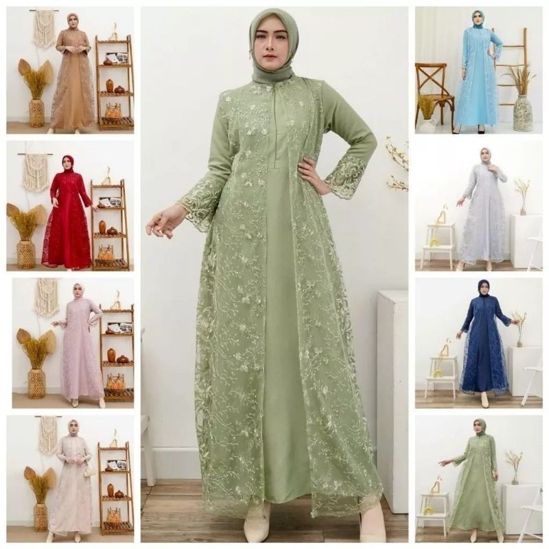 Dresswedding.id - Gamis Hena Busui TilLe Bordir Mutiara Premium Dress Brukat Tulle Baju Muslim