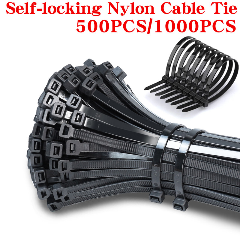 

500/1000PCS/bag Self-locking Plastic Nylon Tie Black Zip Wraps Strap Nylon Cable Tie Set Fastening Ring Loop Wire Wrap