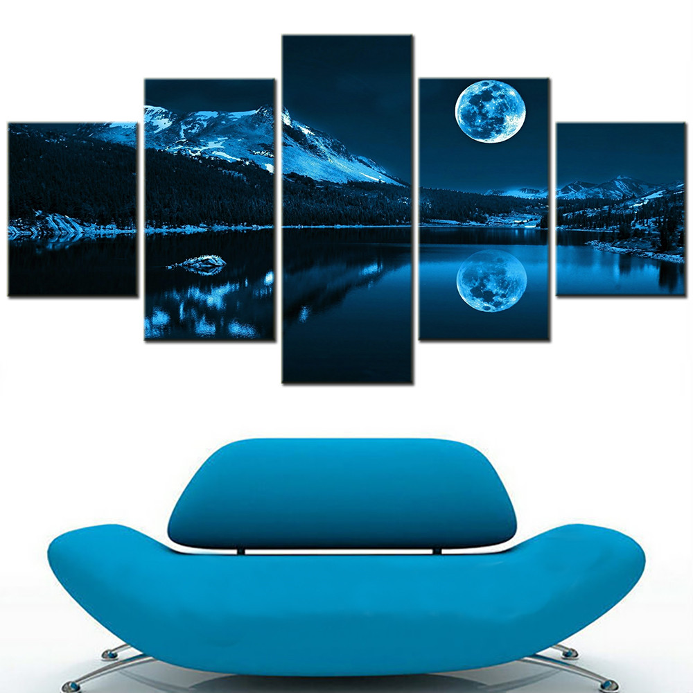 

5 Pieces Modular Canvas Paintings for Living Room Wall Decoration Moon Night Reflection Picture Aesthetic Home Decor Photo Frame