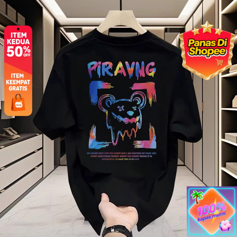 Trend Cetak Beruang Grafiti Gradien Kaos T - Shirt Pendek Pria Kasual Katun, Unik dan Modis