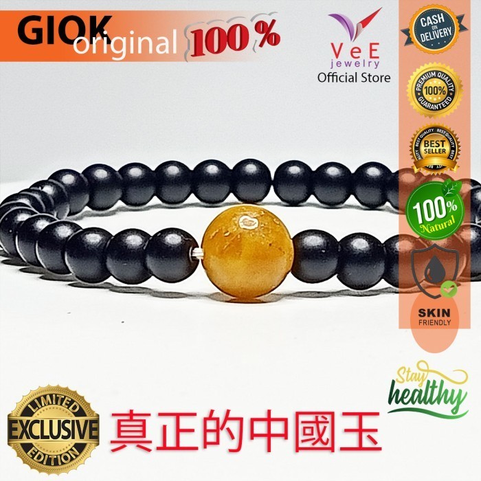 Gelang Tasbih 33 Butir Batu Giok Hitam 6mm Bandul Orange Burma Asli