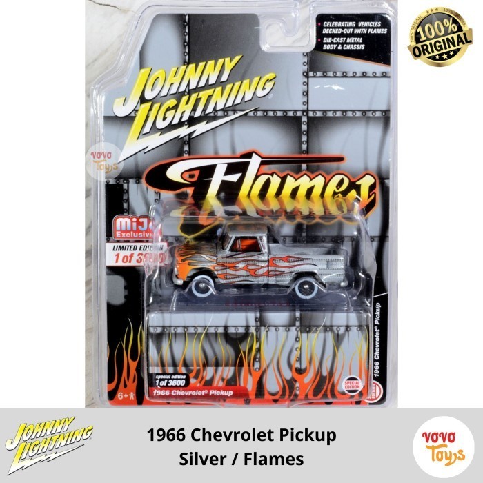 AR2158 Johnny Lightning 1/64 1966 Chevrolet Pickup Silver / Flames