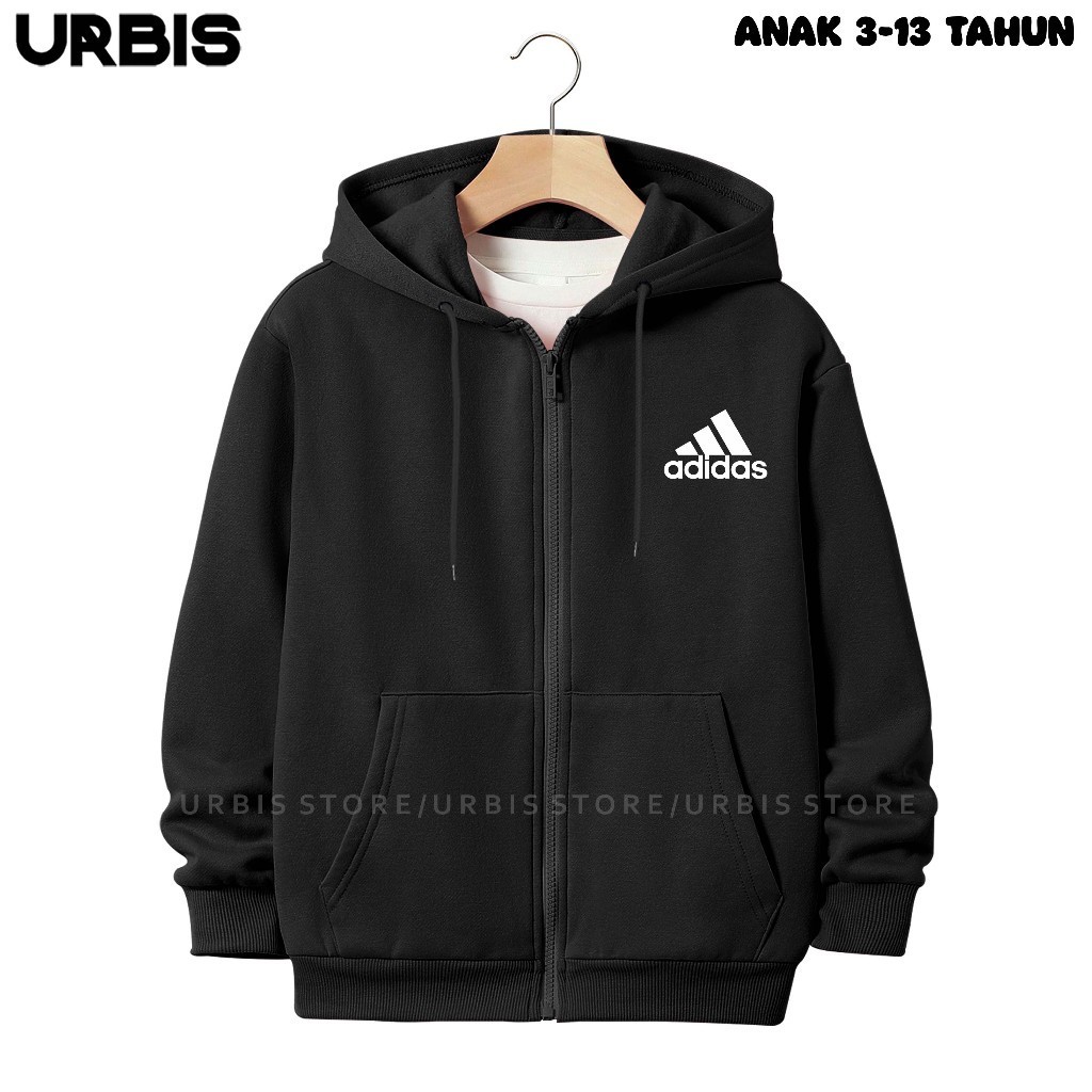 Jaket Sweater Hoodie Zipper Anak Laki-laki Perempuan Usia 3-13 Tahun Motif Sablon ADIDAS Bahan Fleec