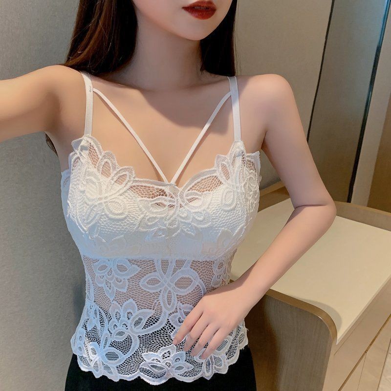 Produk baru rompi selempang belakang renda seksi sedang dan panjang dengan bantalan dada mengumpulka
