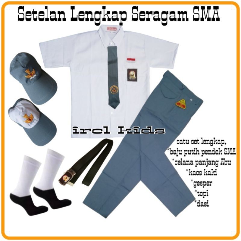 AC91VA SETELAN SERAGAM SEKOLAH SMA LAKI LAKI ABU PUTIH BAJU PENDEK SUPER LENGKAP