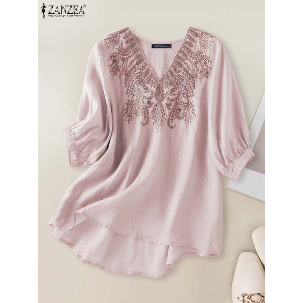 ZANZEA Women Solid V-neck Tops 2024 Summer Casual Blouse Fashion Embroidery Stitching Tunic Oversize