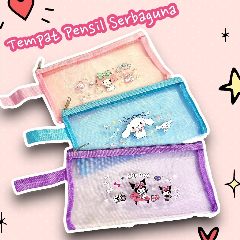 

Tempat Pensil Model Jaring Wadah Alat Tulis Anak Karakter Sanrio Kuromi My Melody Cinamorol kotak pensil Pouch jaring bening serbaguna