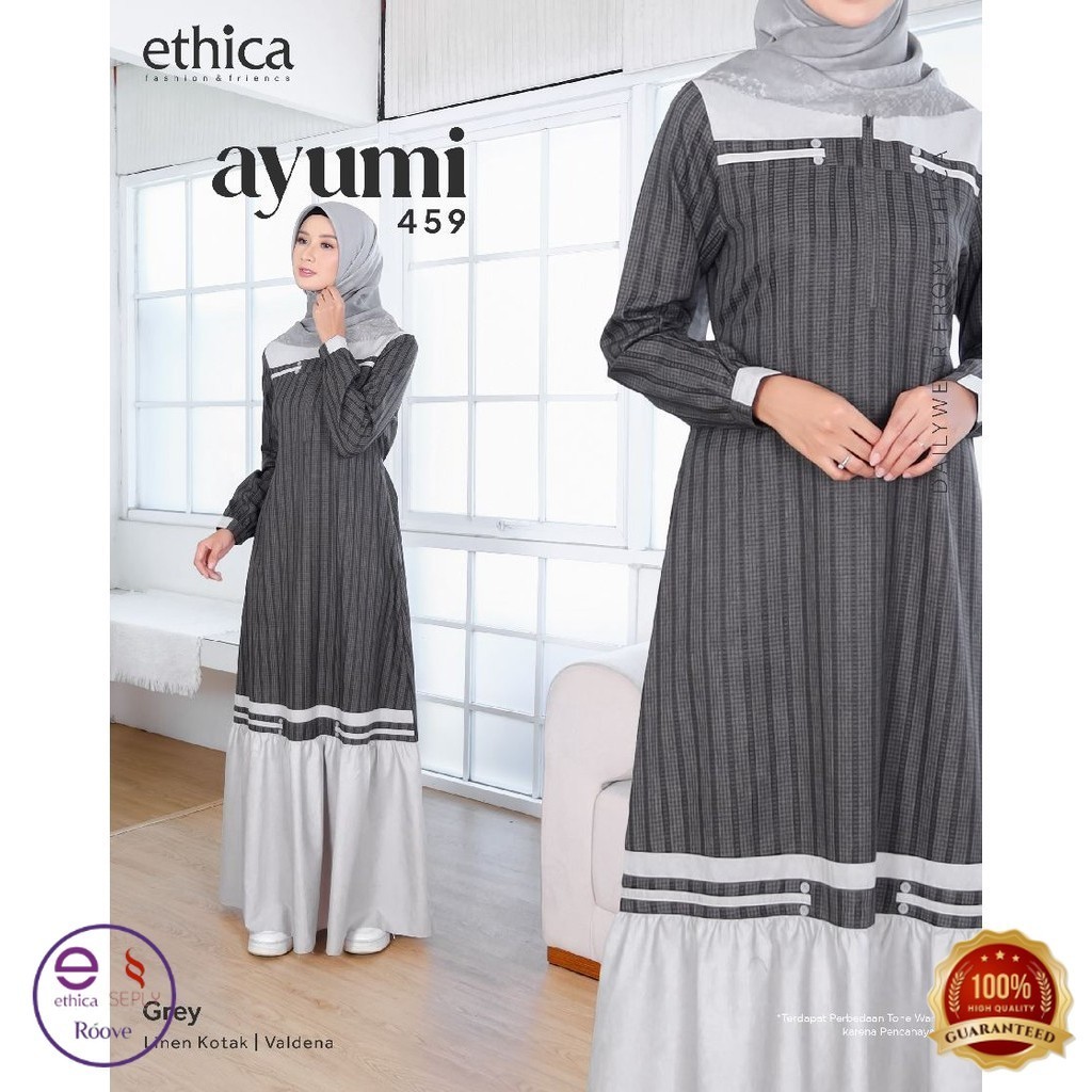 Ethica Ayumi 459 Purple Grey Linen Kotak Valdena Gamis Tali Pinggang Terbaru Motif Garis Kerut Bawah