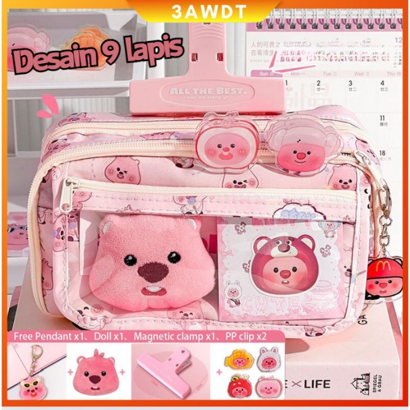 

【COD】9 lapis tas alat tulis berkapasitas besar/Tempat pensil kartun/kotakpensil aesthetic Tas/Dengan boneka Bros dan tempat kertas ujian liontin