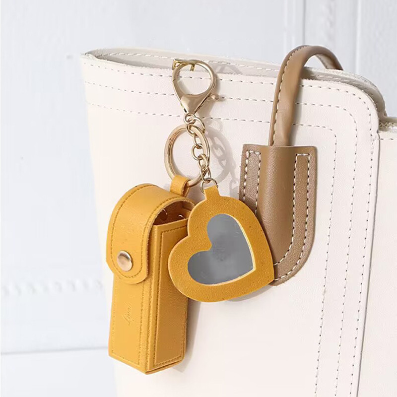 

Solid Color Portable Lipstick Bags Wallet Keychain Mini Storage Bag For Women Lipsticks Protective Cover With Mini Makeup Mirror