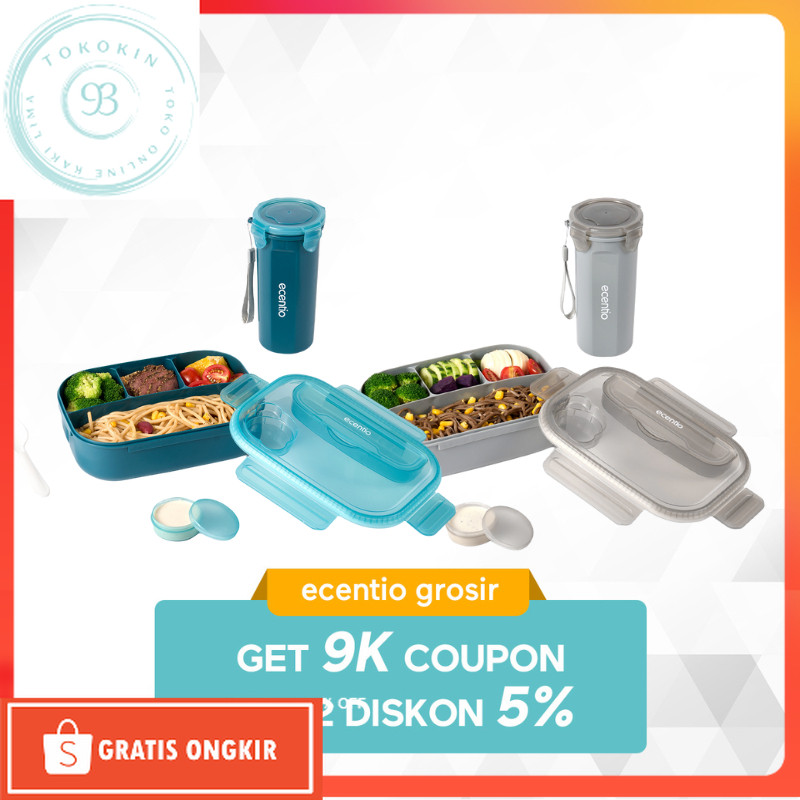 Kotak Makan Murah / 【Grosir】ecentio 4 Sekat Grid anti tumpah 1200ml Kotak Makan Set anak dan 500ml b