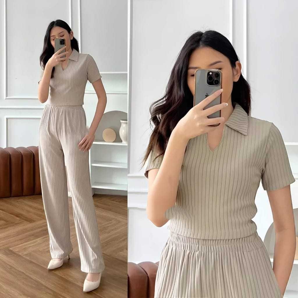 Loza - oneset knit polo celana panjang set rib knit premium setelan knit wanita atasan crop polo top