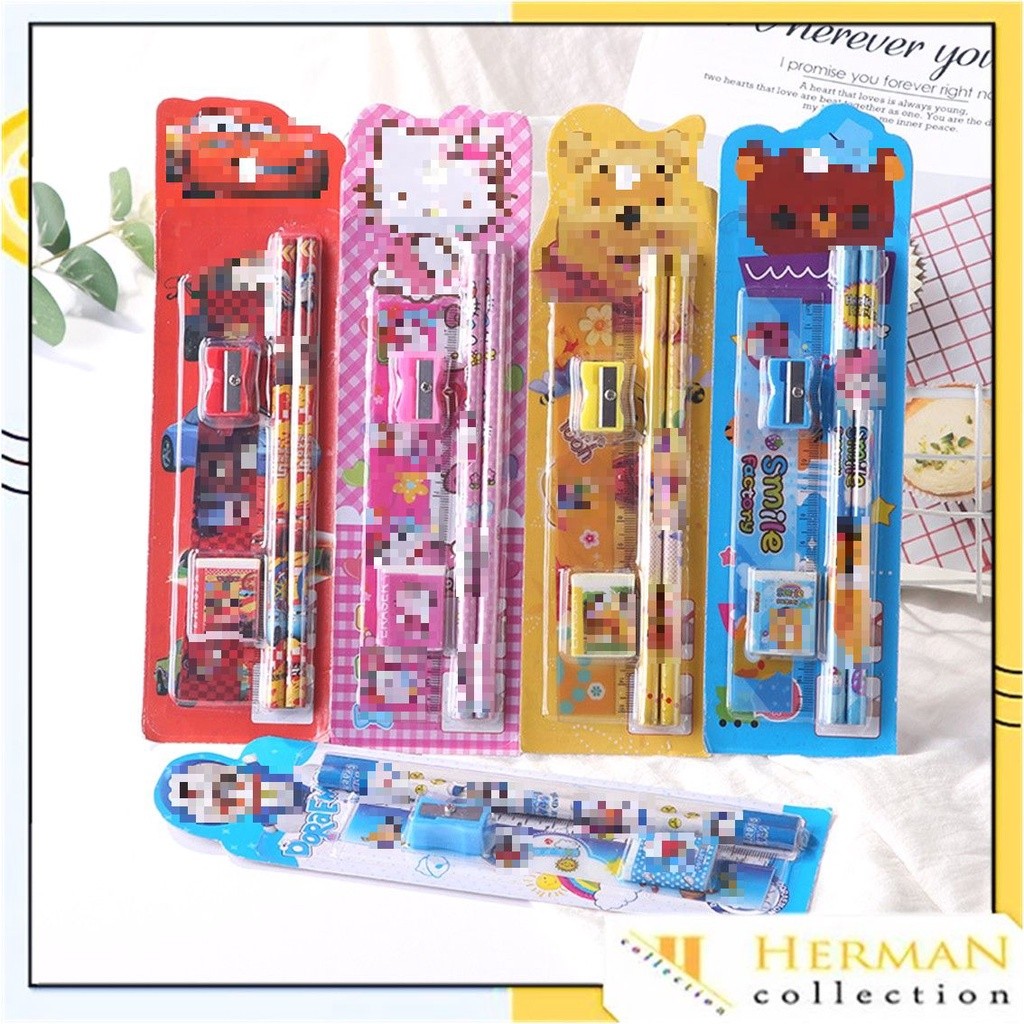 

HC Stationery Set 5 in 1 Alat Tulis Anak Sekolah Penghapus penggaris Pensil Serutan Karakter Lucu t