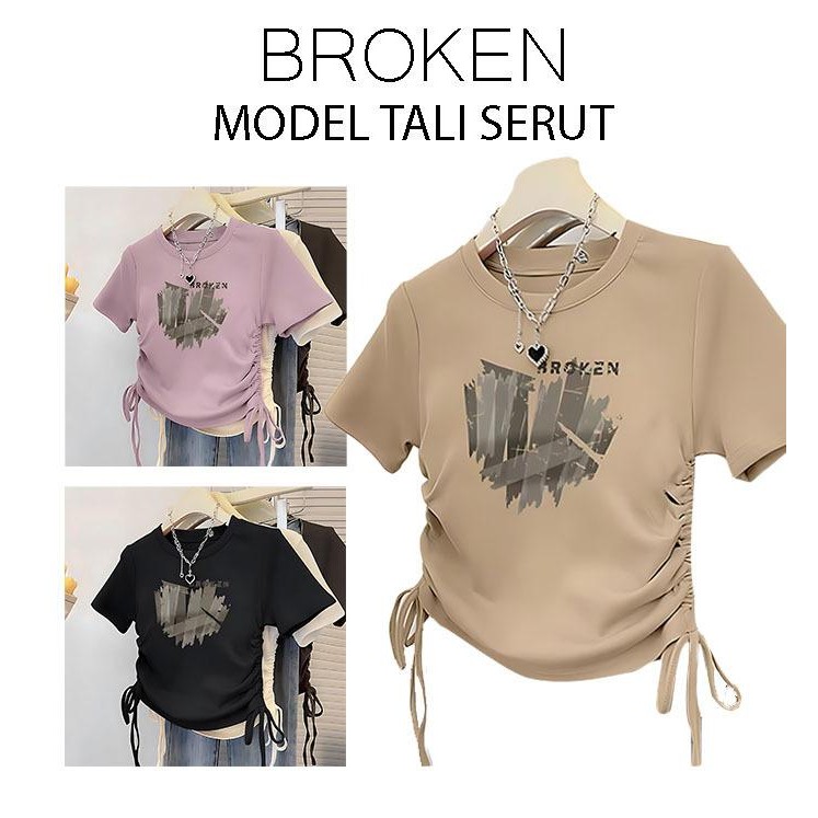 Kaos Crop Wanita Katun - T shirt Broken Heart Tali Serut Wanita Crop Top