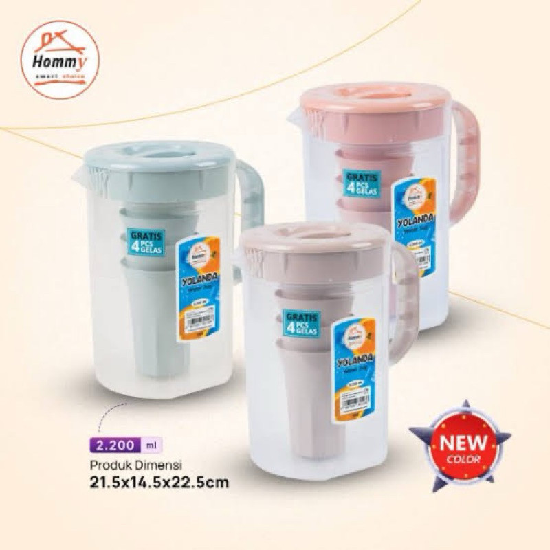 COD VIRAL  TEKO Tempat Air Minum 2.2 LITER FREE 4 GELAS HOMMY YOLANDA Water Jug Plastik Pitcher / TE