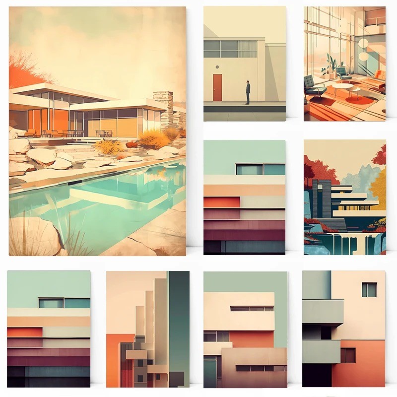 

Modn Minimalist Urban House Architectural Poster Printing Decorative Canvas Painting Living Room Bedroom Wall Art Home Decor