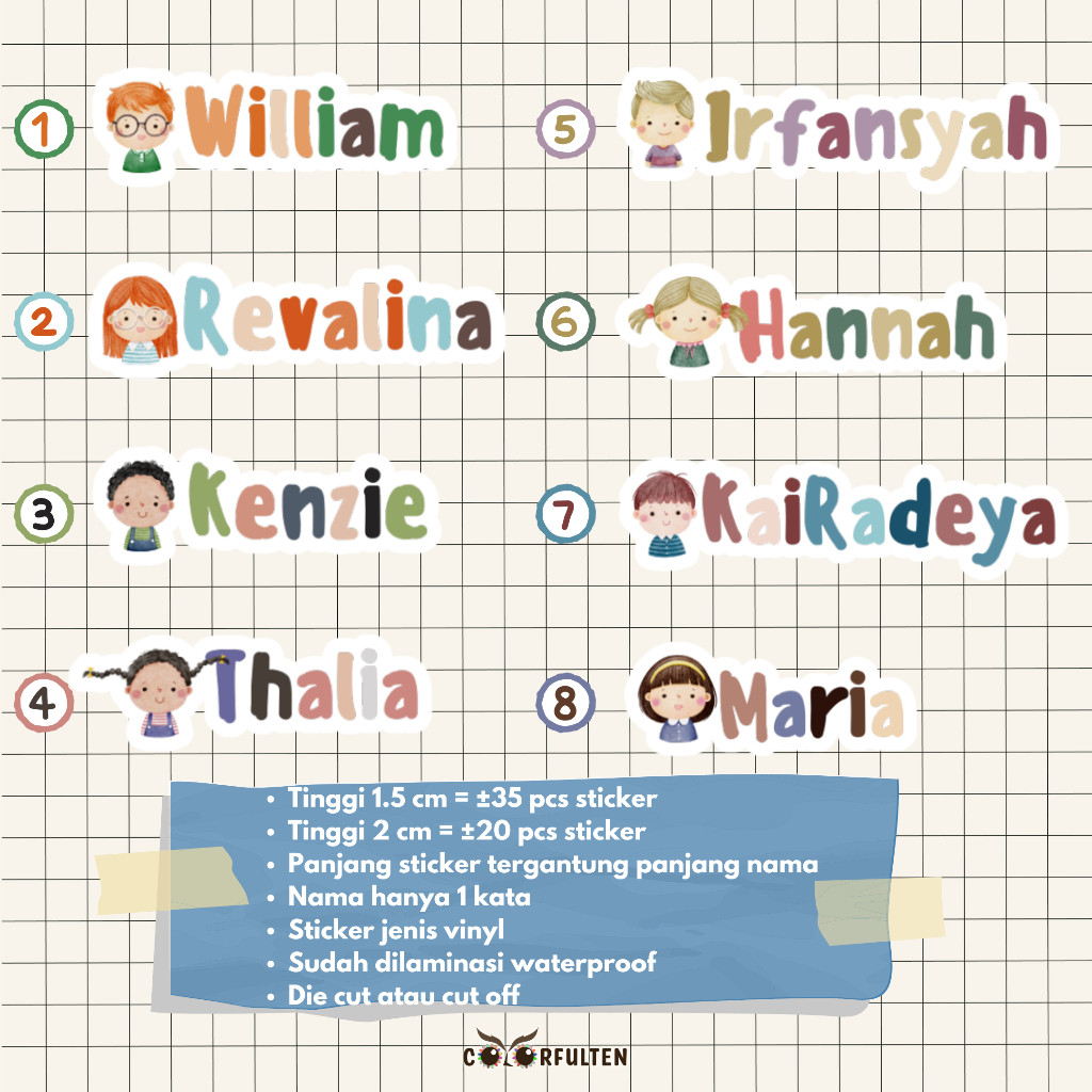 

Stiker Nama Vinyl Custom Waterproof Anti Air Model Character / Label Nama Sekolah / Stiker Tumbler Hp Laptop Dll