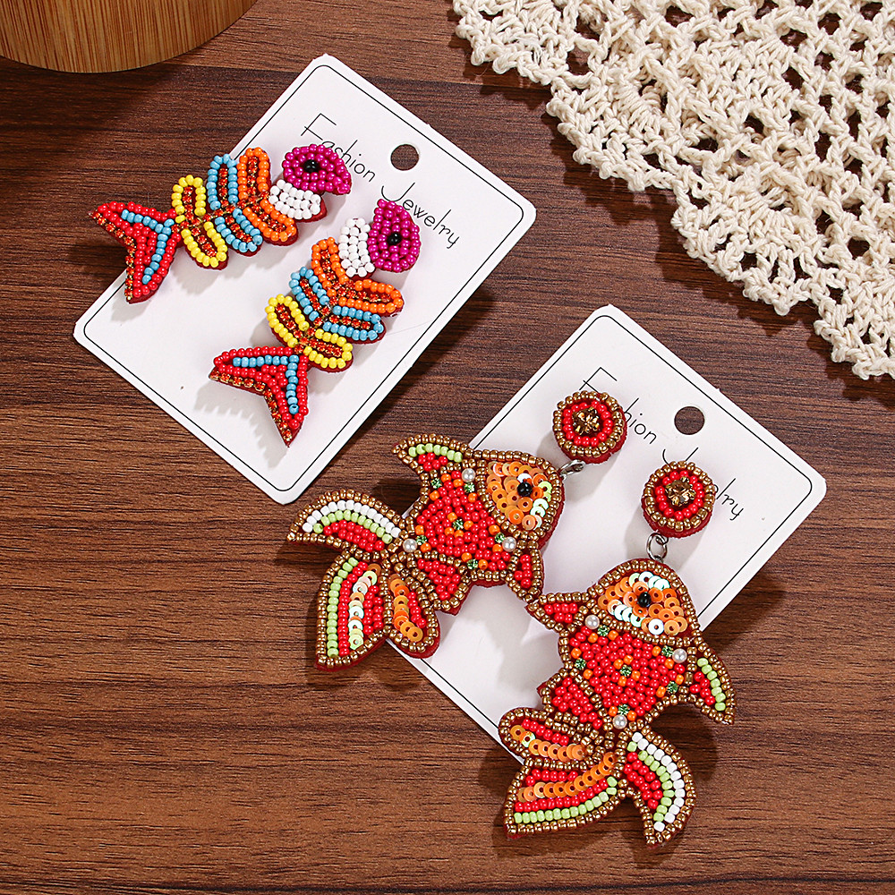 WELBACK Beaded Goldfish Earrings for Women Handmade Statement koi Dangle Earrings Boho Funky Lucky J