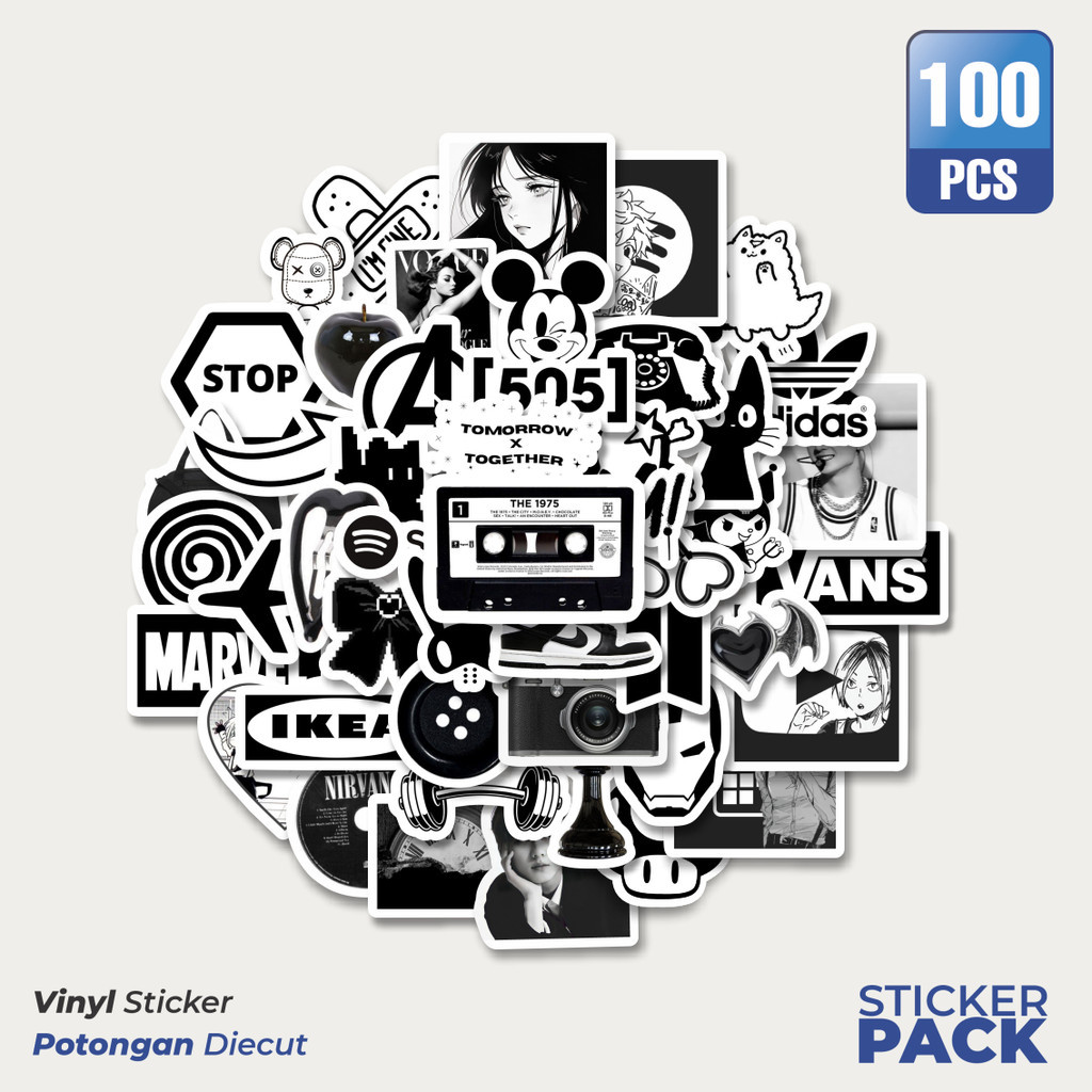 

MURAH 100 PCS Stiker Random Aesthetic Black & White Waterproof Aesthetic- Untuk Laptop, Motor, dan Helm - Paper Stationery Pack
