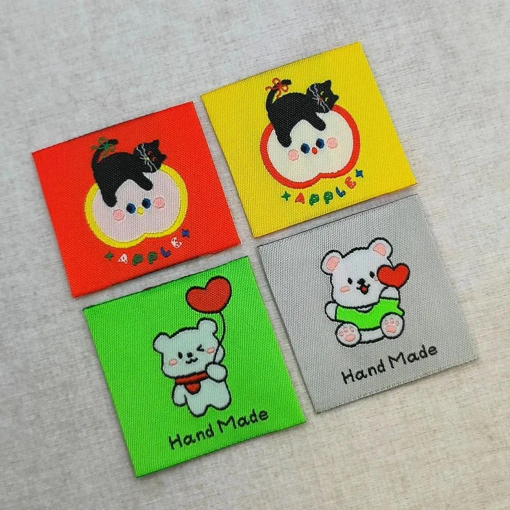 

Adorable Bear Apple Cat Pattern Woven Fabric Label - Cute DIY Sew-on Clothing Tags, colourful Patches for Handmade Crafts