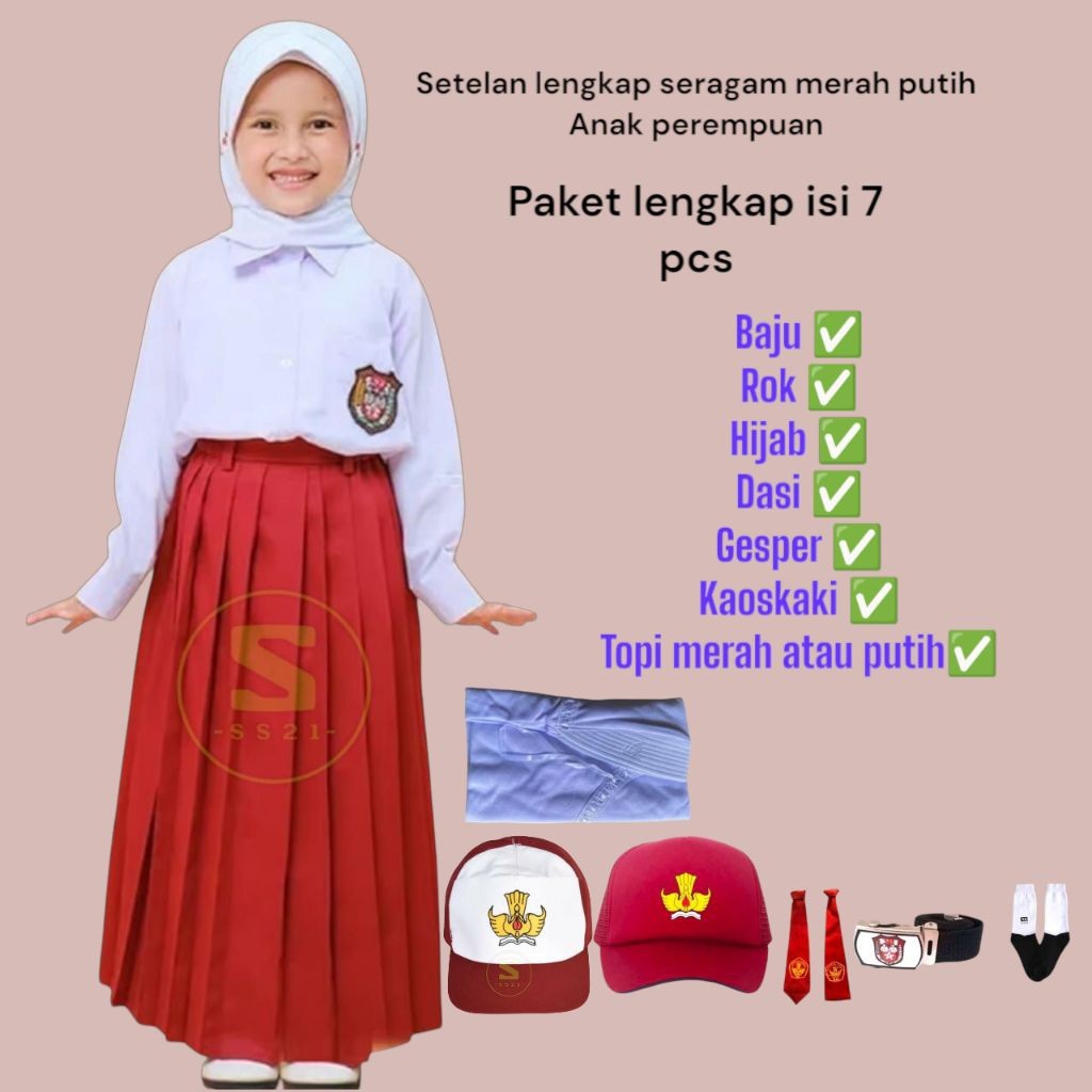 NEROSHOP setelan seragam merah putih anak perempuan berhijab / setelan seragam / setelan merah putih