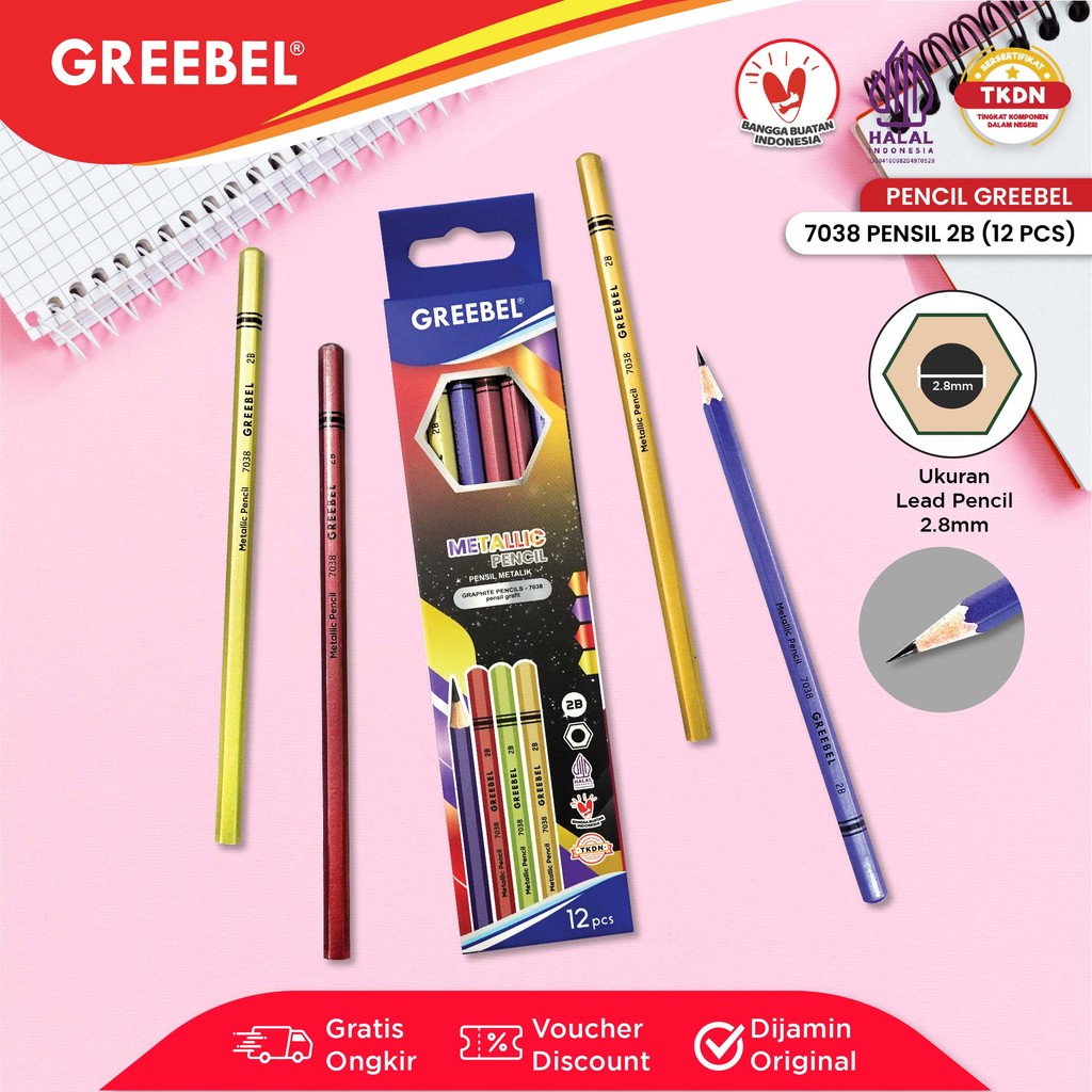 

GREEBEL Pensil kayu 2B 7038 Metallic (12PCS/SET) / Pensil Tulis Metallic Graphite Ujian sekolah Pensil Gambar