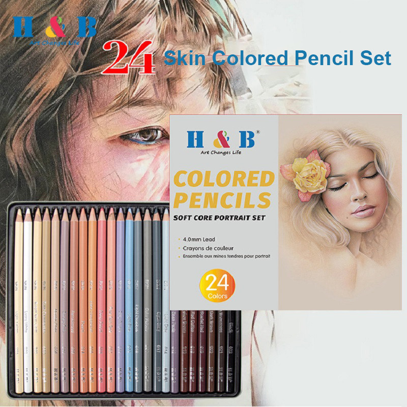 

H&B Colored Pencils 24 Skin Tone Set Wood 4.0mm Soft Lead Core Art Drawing Pen Kit, Portrait Landscape Comic Coloring Stationery