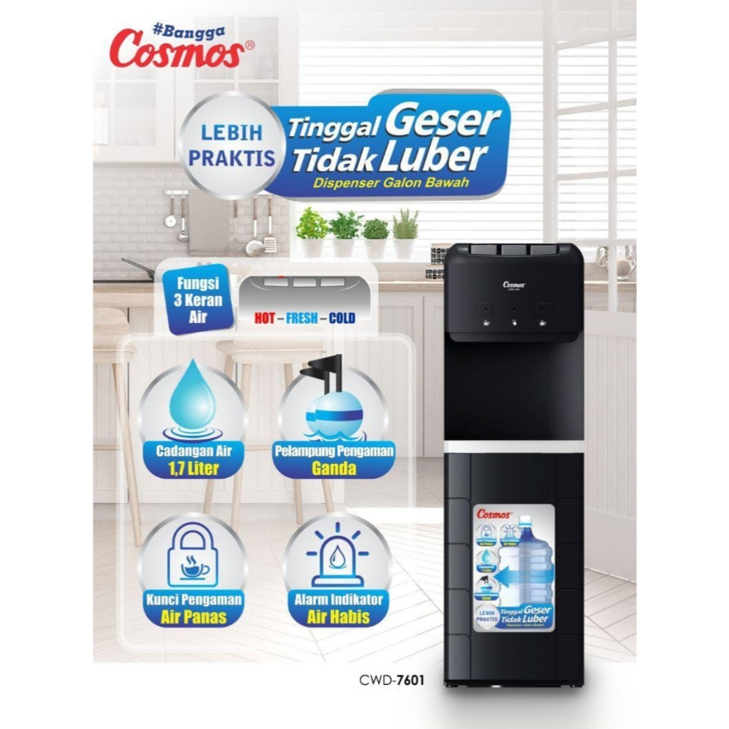 Cosmos Dispenser Air Galon Bawah 3 Kran CWD 7601 | Cosmos Dispenser Air Panas / Dingin / Normal