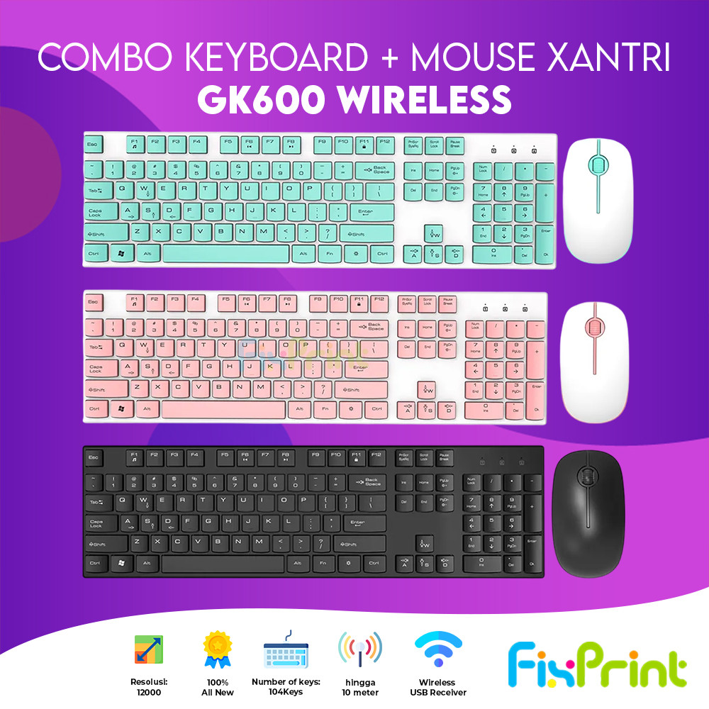 1 SET Keyboard + Mouse Xantri GK600 Wireless with USB Fitur 104 Keys Warna Black Pink Green Combo Mo