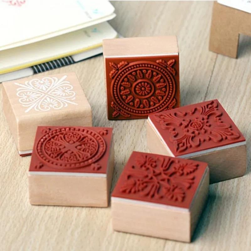 

Retro Square Wooden Stamp for Students Notebook Diary Books Planner Decor Decorative Pattern Lace Series Wood Stamps 4*4cm
