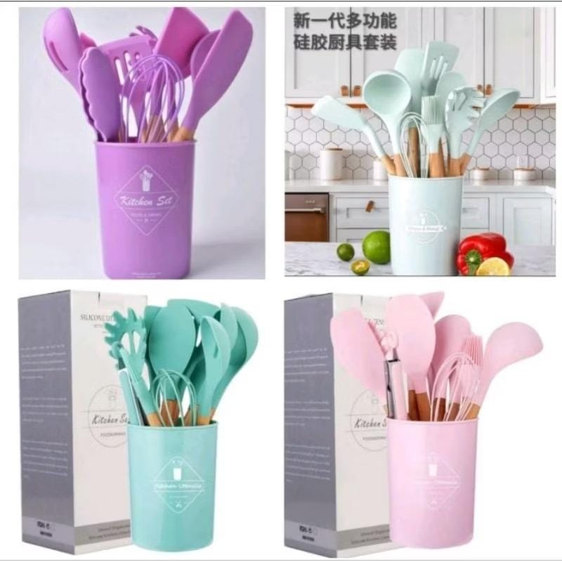 Alat Masak 12in1 / Peralatan Masak Silikon Anti Lengket / Spatula Untuk Masak Set Free Wadah