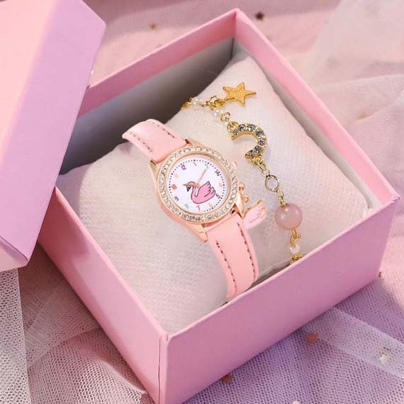 3PCS Jam Tangan Anak-Anak Kuarsa Tali Kulit Asli Pola Angsa Dial Dial Kecil Kartun Gelang Halus Lucu