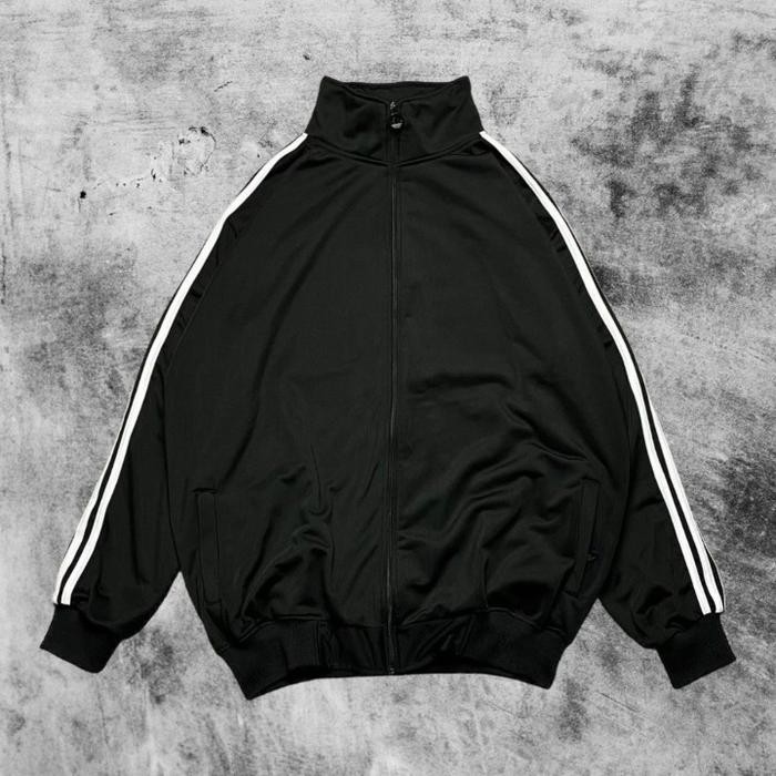 Jaket Tracktop Hitam Polos Stripe Putih Pria Wanita Sporty - HITAM, M