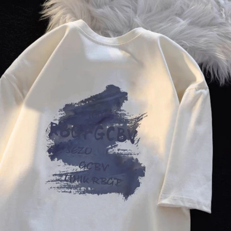 【COD】100% katun Jejak biru Kaos Lengan Pendek Oversize Vintage Pria Wanita, Baju Polos Putih Netral 