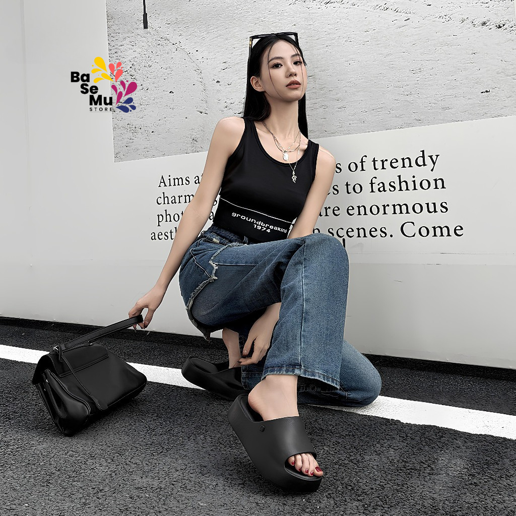 Sandal Slop Wegdes Rubber Wanita Fashion Sendal Polos Import Balance Sendal Tinggi Empuk 2324
