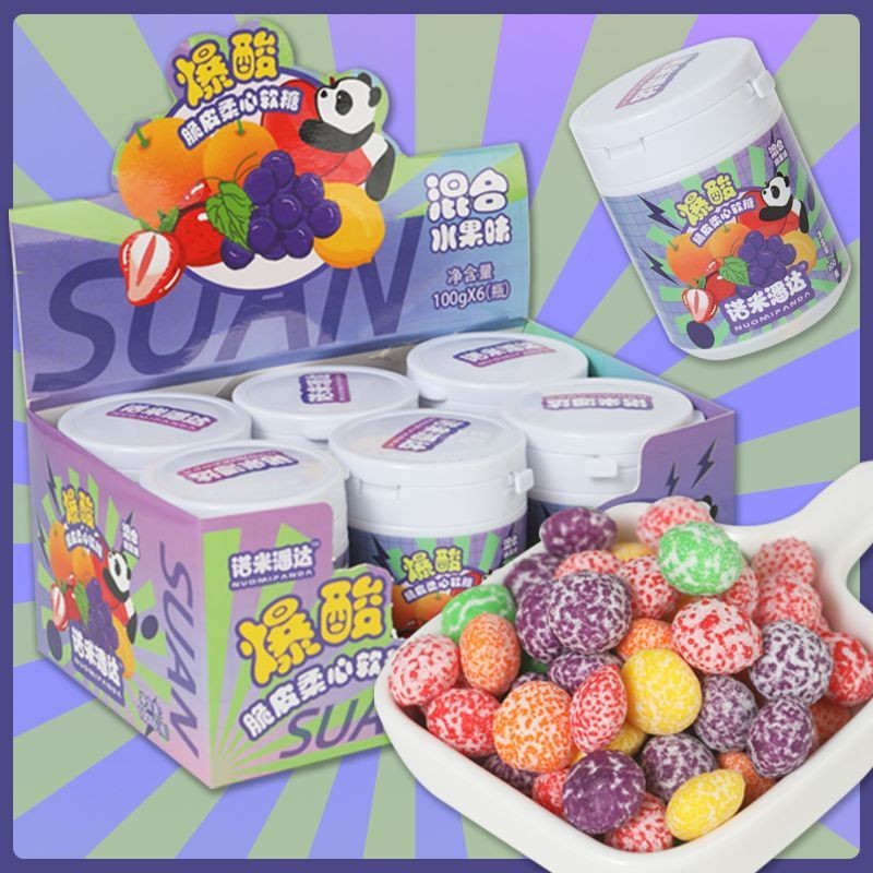 

Permen Pelangi Tiup Asam Eksplosif Permen Hati Lembut Permen Campuran Rasa Buah Kaleng