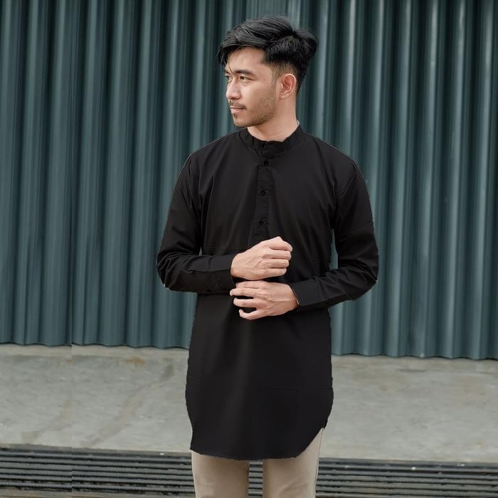 Baju Koko Kurta Lengan Panjang Warna hitam, Biru Muda Biru Laut, maroon Ada Big Size. - Biru Muda, M