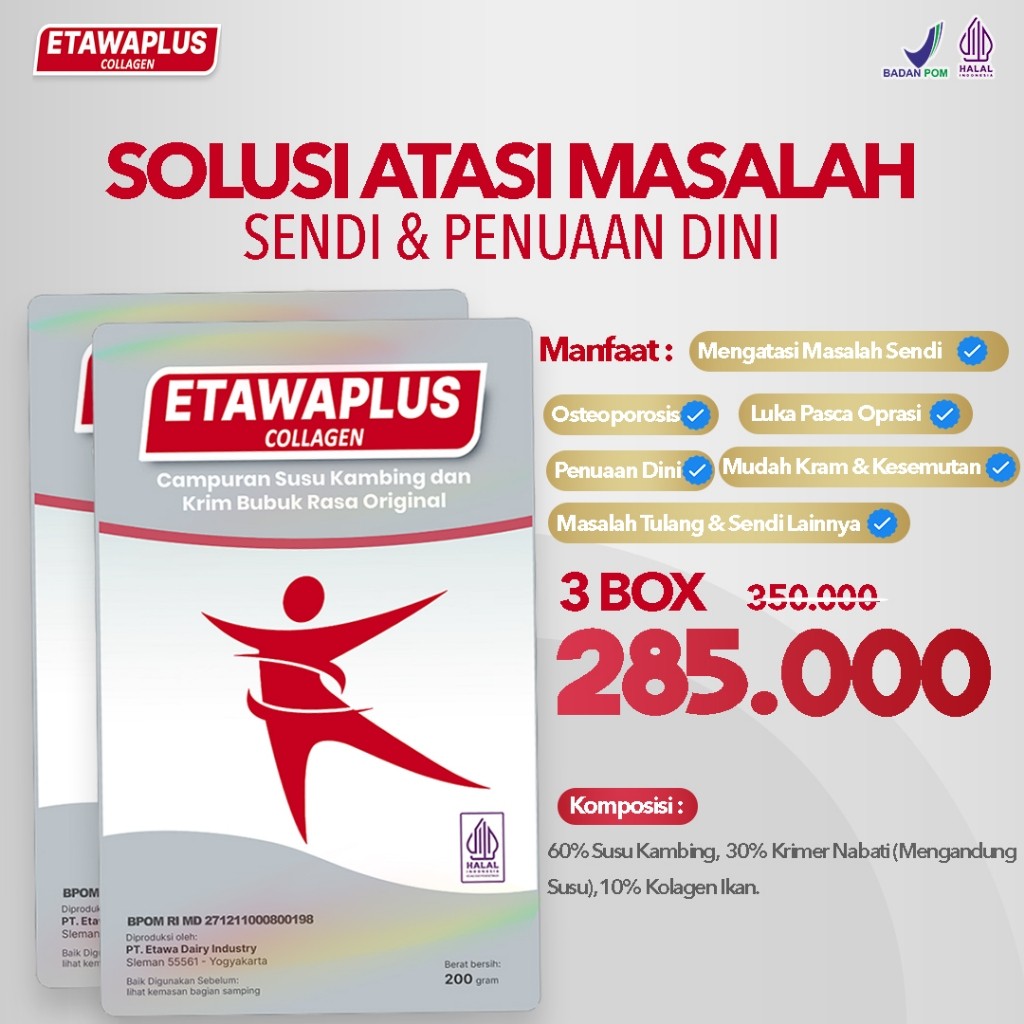 

3 Box Etawaplus Collagen - Susu Kambing Etawa Atasi Nyeri sendi, Pernapasan, Sesak Nafas, Osetoporosis, Etawaku alitas Platinum