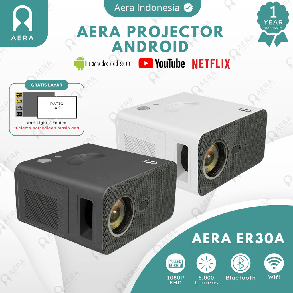 Proyektor AERA Mini Led ER30A Android 5000 Lumens 1080P Full HD | Proyektor Android Wifi | Proyektor