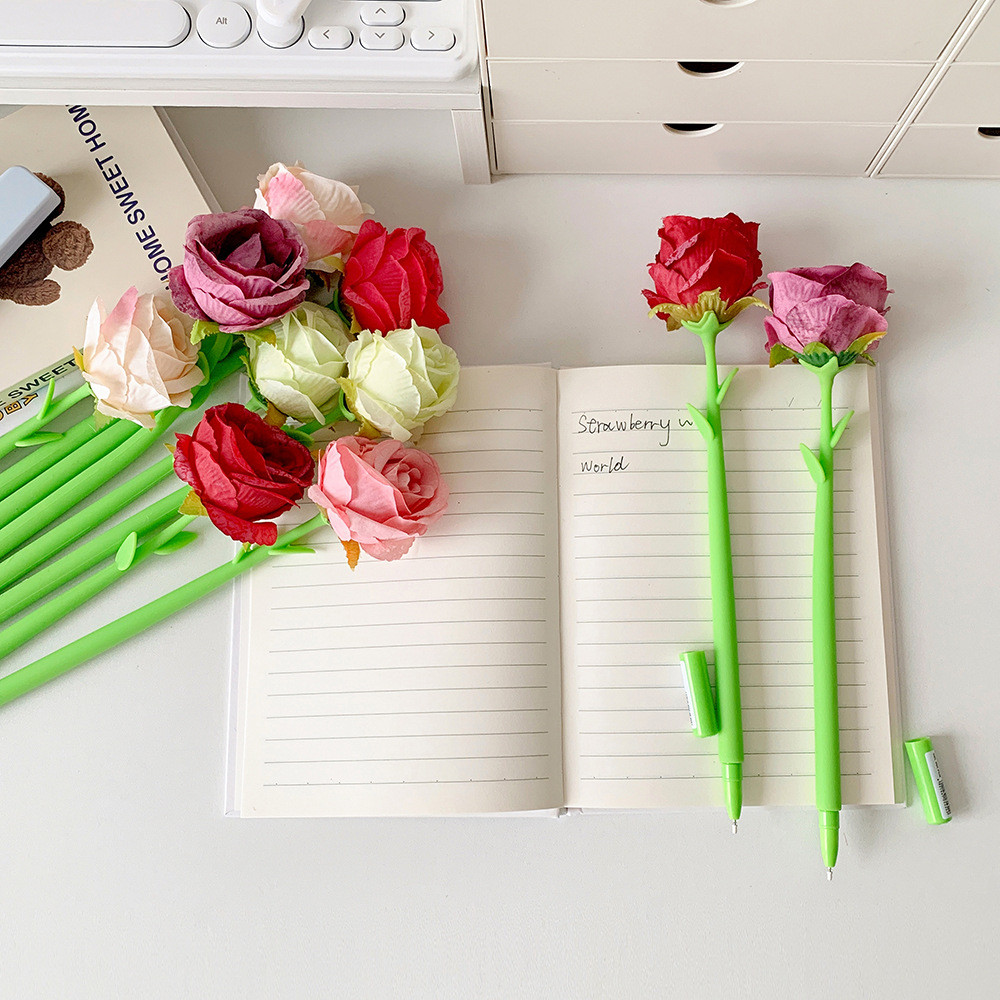 

2pcs Cute Charm Soft Silicone Rose Gel Pen Creative Funny Shaped Pen Student Stationery Girl Ball-Point Pen Children Reward Gift