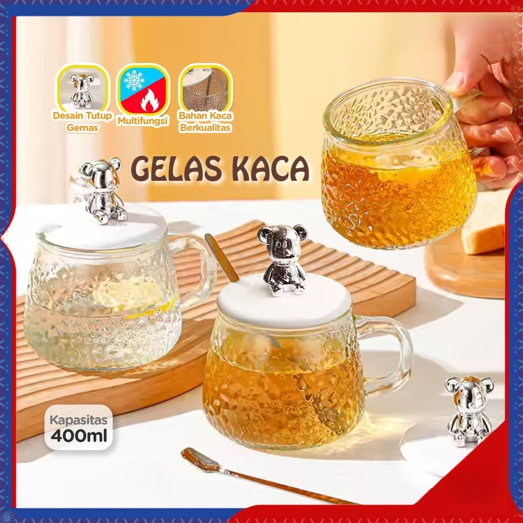 Gelas Kaca Tutup Bear Lucu Aesthetic / Free Sendok / Gelas Souvenir Korea Style 400 ml / GELAS TEH