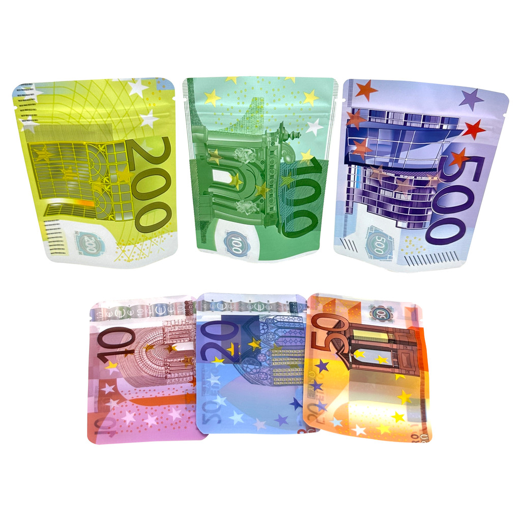 

10€ 20€ 50€ 100€ 200€ 500€ Bills Paper Zip lock Bag Small Pouch With Clear Window 1-3.5G Mylar Small Bag Customized Design EURO