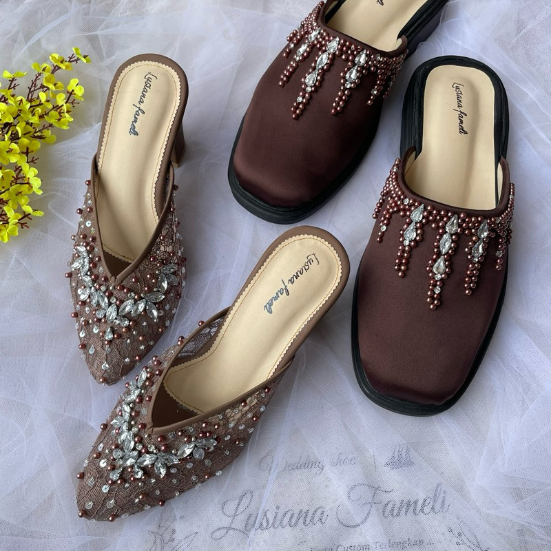 | Heels Lusiana selop pesta couple wanita sepatu pengantin sendal wanita selop payet pria wedding sh