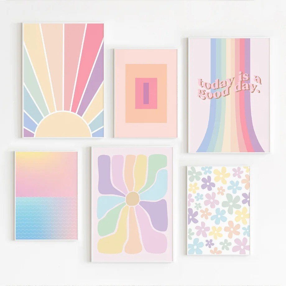 

Danish Pastel Aesthetic Sun Flower Sea Wave Geometry Wall Art Print Canvas Painting Posters for Living Room Modern Home Decor