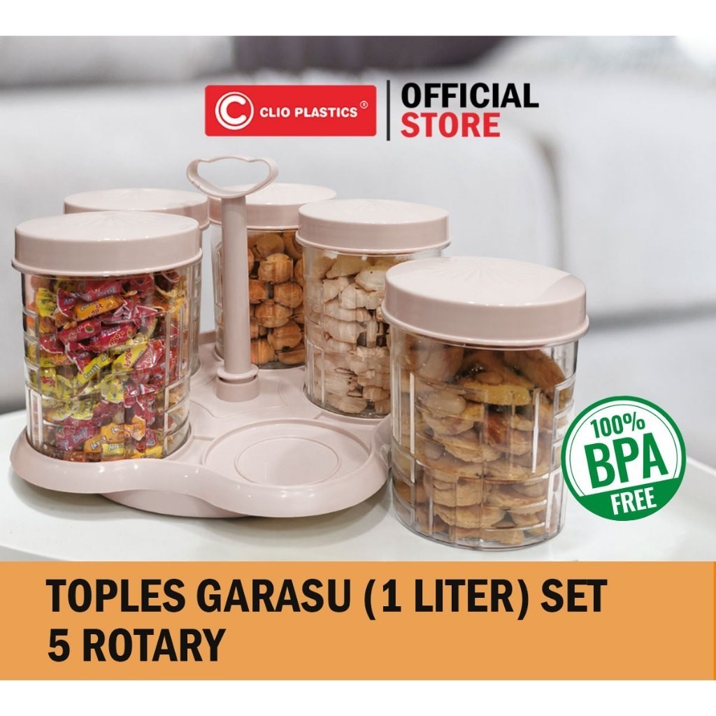 Toples Garasu set 5 Rotary - Toples Nampan Bening 1 Liter Hari Raya - Toples Putar Lebaran
