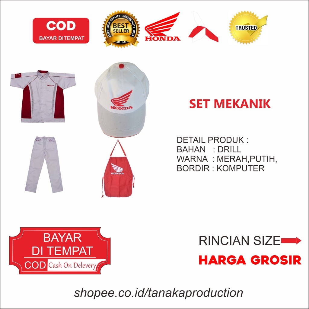 Set Lengkap Seragam Kerja Mekanik Honda Ori - Lengkap Baju Celana Topi Apron - Pakaian Resmi Bengkel