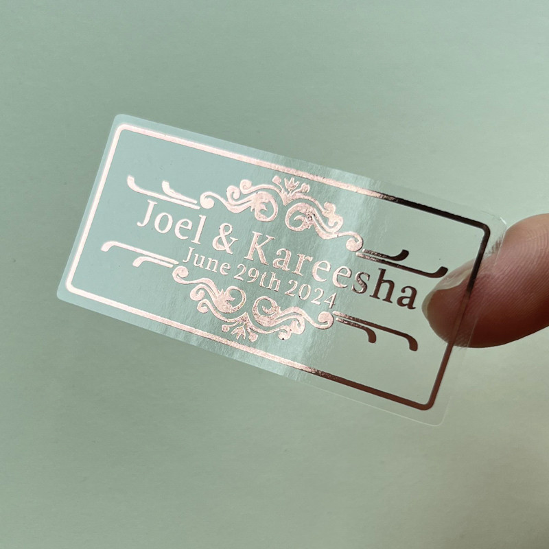 

100pcs Personalized rose gold foil stickers, transparent letters, wedding labels, baptism, birthday, personalized logo