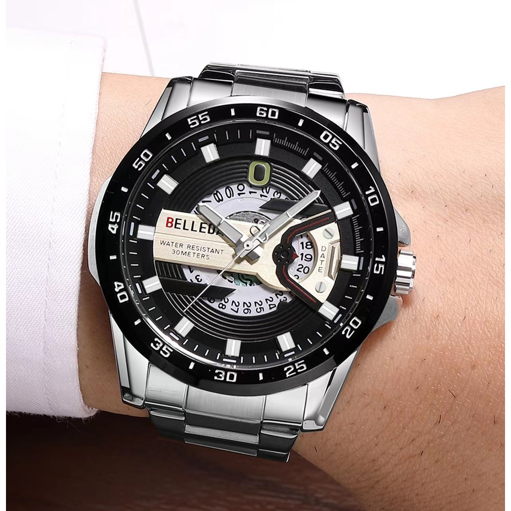 GJ  Jam Tangan Pria BELLEDA 9382 Rantai Stainless Steel Tanggal Aktif Anti Air