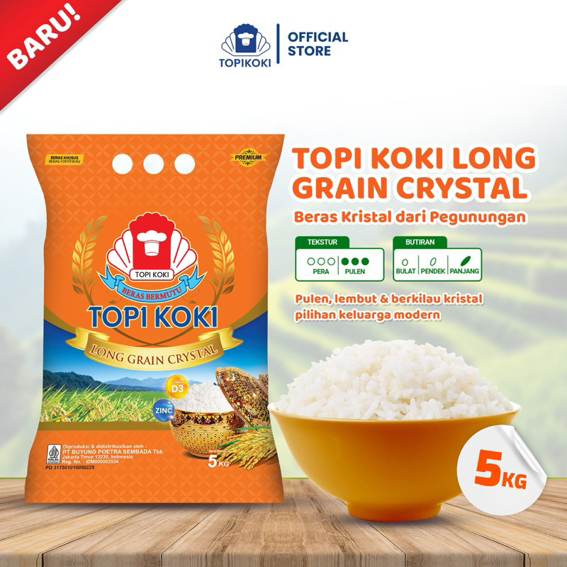 

Topi Koki Long Grain Crystal 5 kg – Beras Kristal dari Pegunungan, Pulen, Lembut, Mengandung Vitamin D3 & Zinc